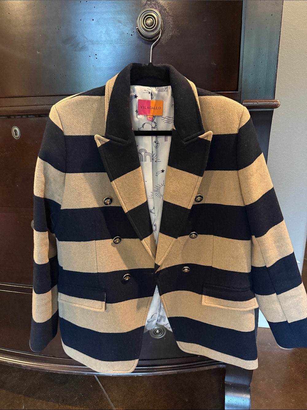 Vilagallo Navy and Tan Striped Double-Breasted Blazer